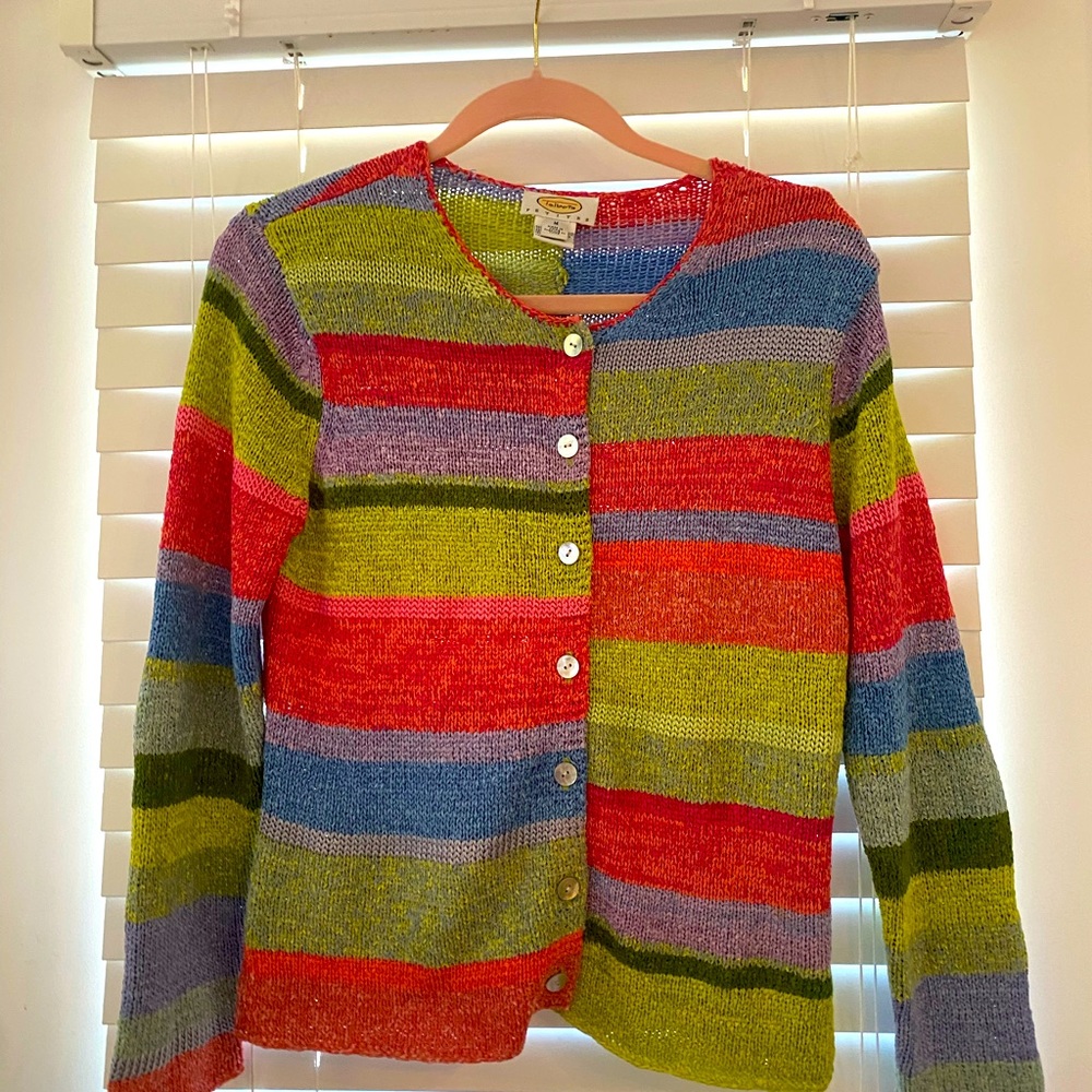 Cardigan Button Down Stripped Pastels Sweater in Petite Medium M